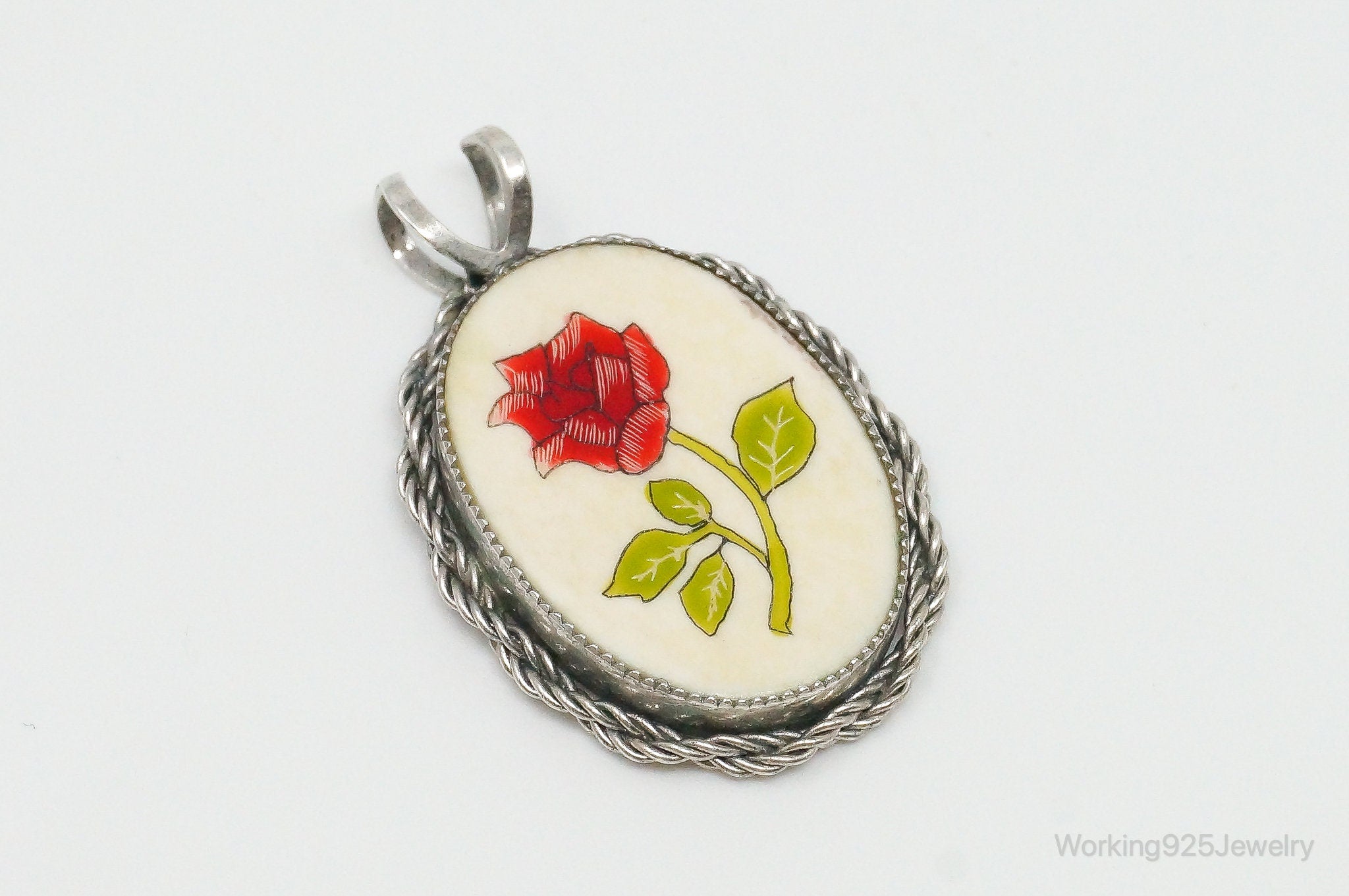 Vintage Painted Rose Bone Southwestern Sterling Silver Pendant | Jewelry > Necklaces > Pendants | Wiccan Center