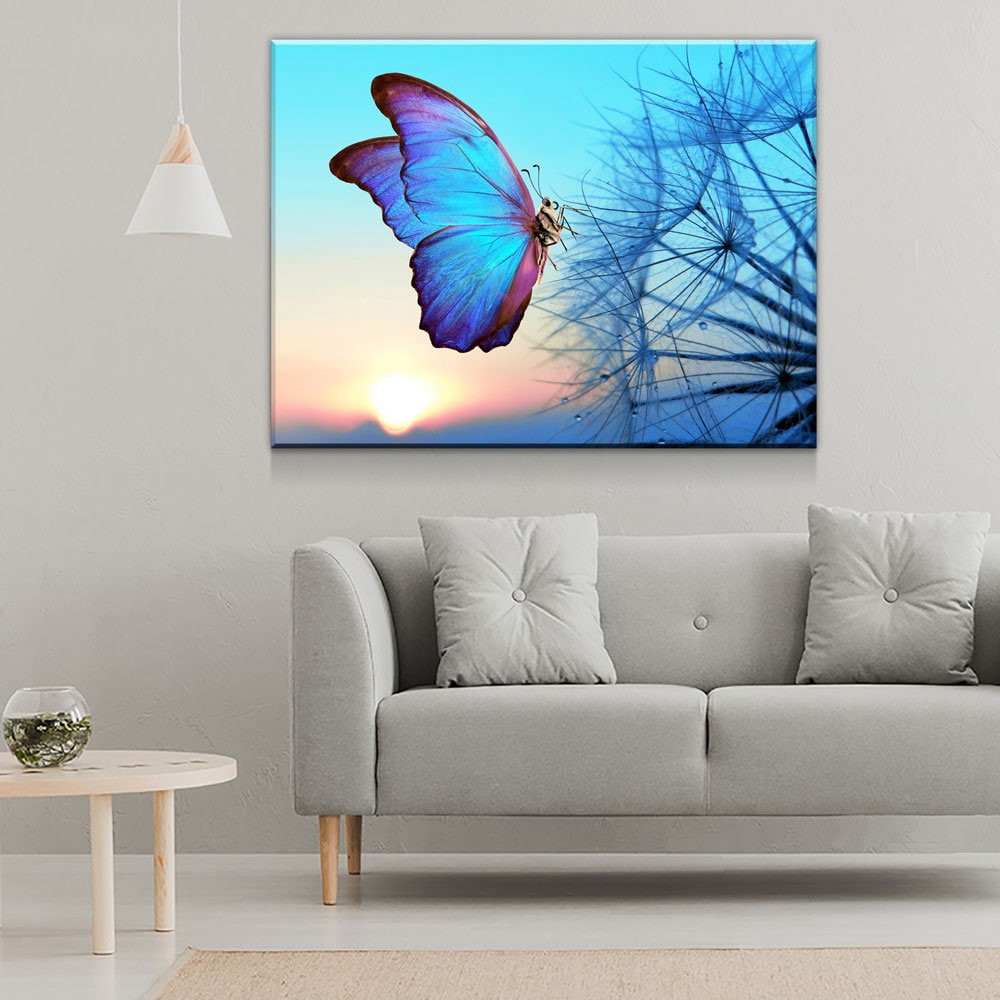 Blue Butterfly Canvas Wall Art, Butterfly Decor, Dandelion Canvas Wall art, Butterfly Sunset | Wall Art | Wiccan Center