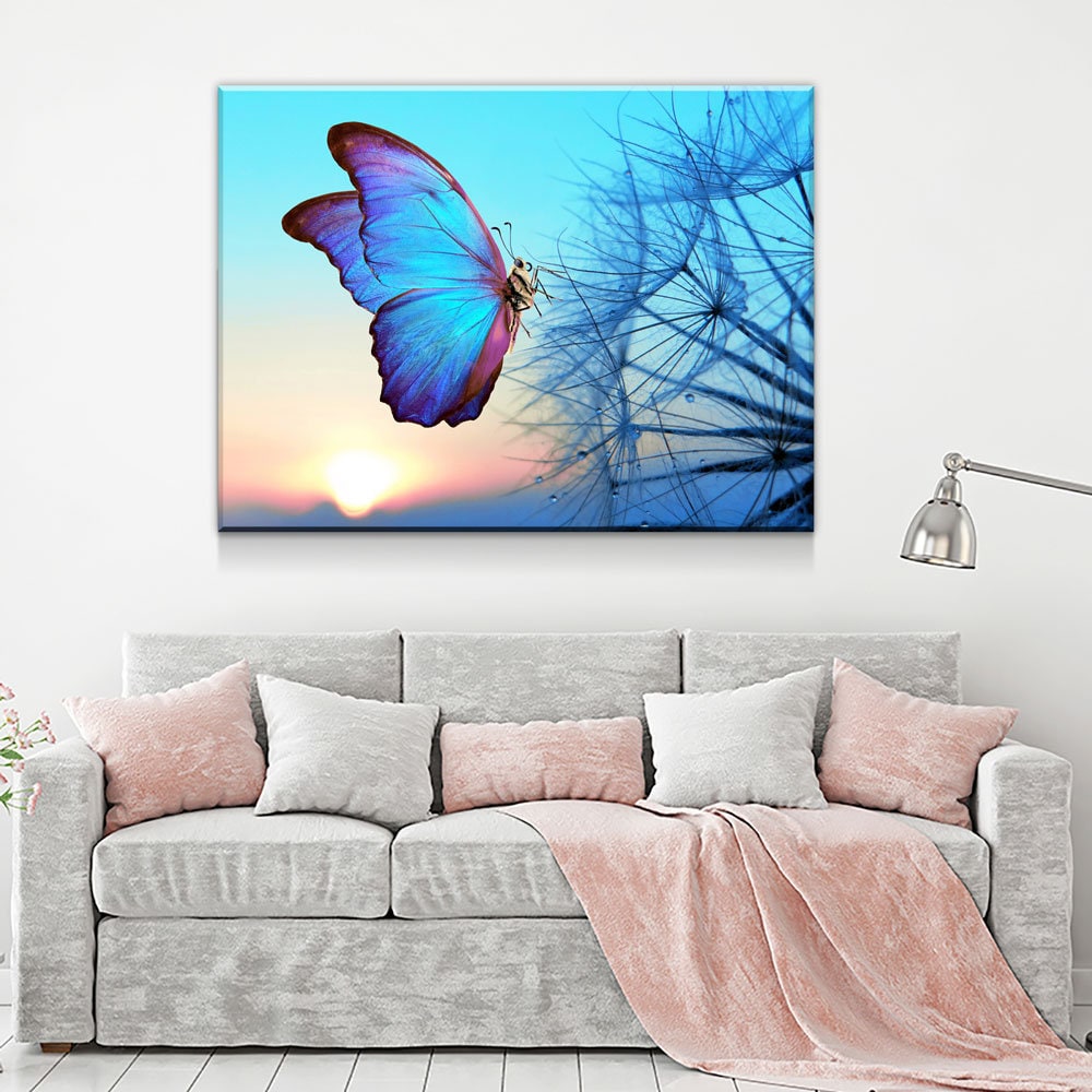 Blue Butterfly Canvas Wall Art, Butterfly Decor, Dandelion Canvas Wall art, Butterfly Sunset | Wall Art | Wiccan Center
