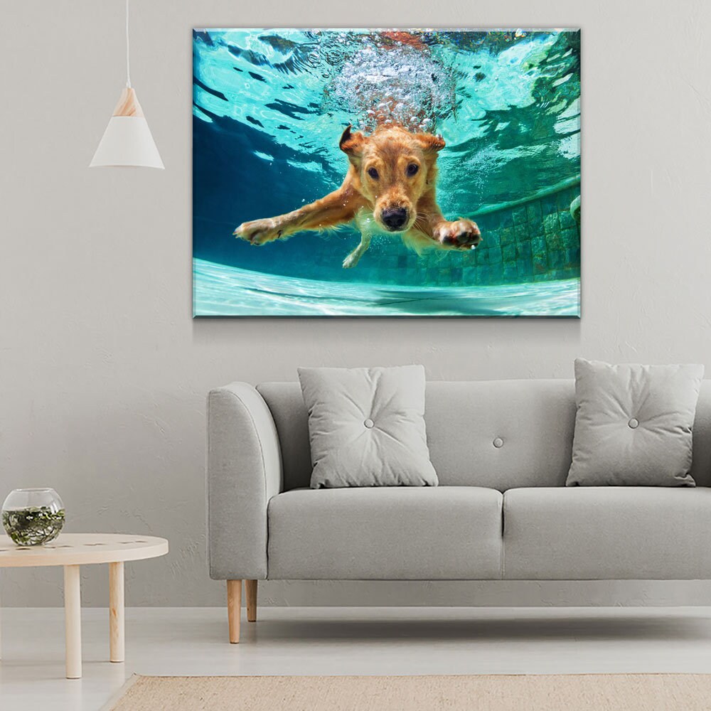 Golden Labrador Retriever Canvas Wall Art, Diving Under Water, Swimming Pool, Dog Gift, Golden Lab Print, Dog In Water | Wall Art | Wiccan Center