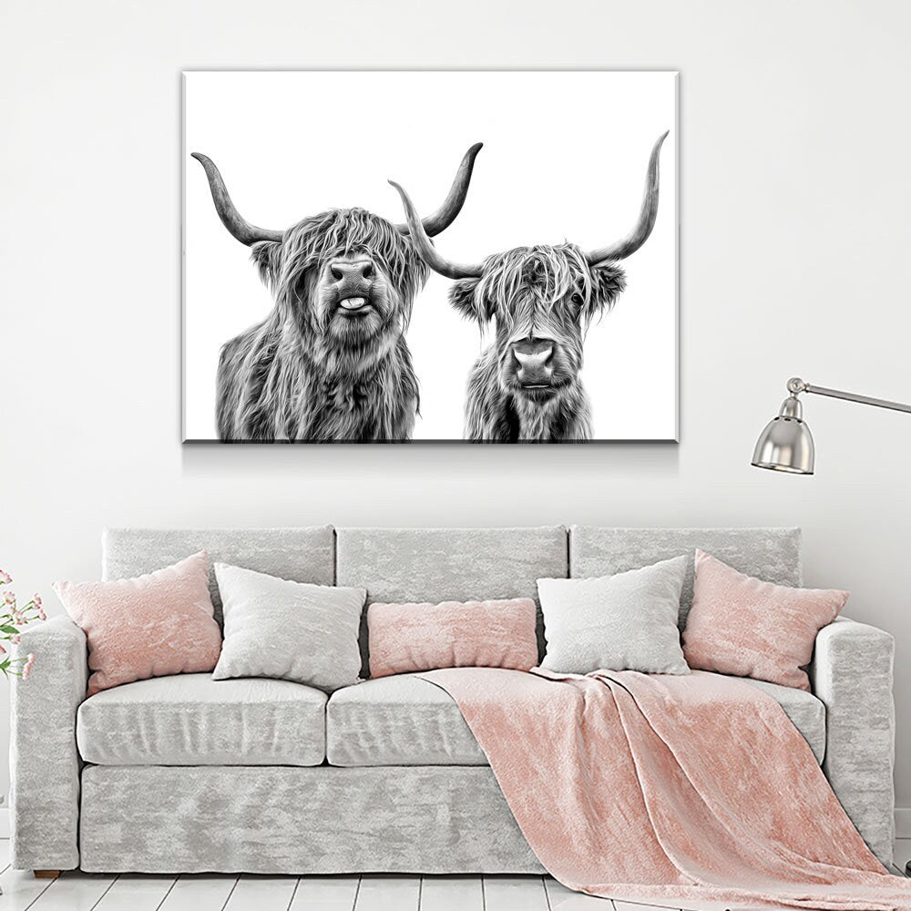 Highland Cows Canvas Wall Art, Ranch Art, Farmhouse Decor, Black White Print, Scottish Cows, Scottish Highlanders, Rustic Wall Decor | Wall Art | Wiccan Center