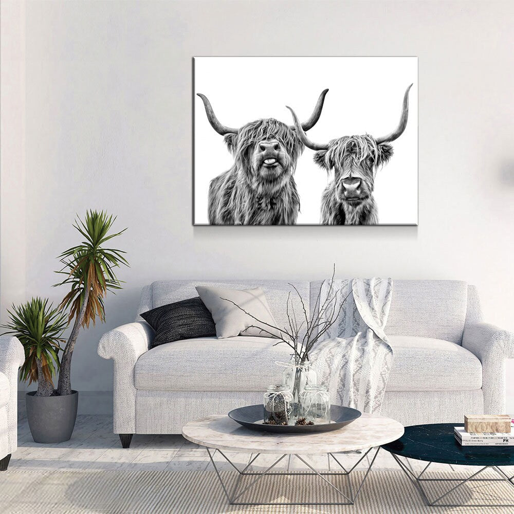 Highland Cows Canvas Wall Art, Ranch Art, Farmhouse Decor, Black White Print, Scottish Cows, Scottish Highlanders, Rustic Wall Decor | Wall Art | Wiccan Center