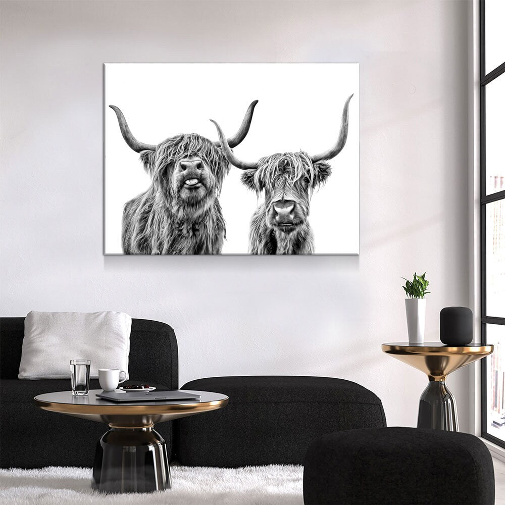 Highland Cows Canvas Wall Art, Ranch Art, Farmhouse Decor, Black White Print, Scottish Cows, Scottish Highlanders, Rustic Wall Decor | Wall Art | Wiccan Center