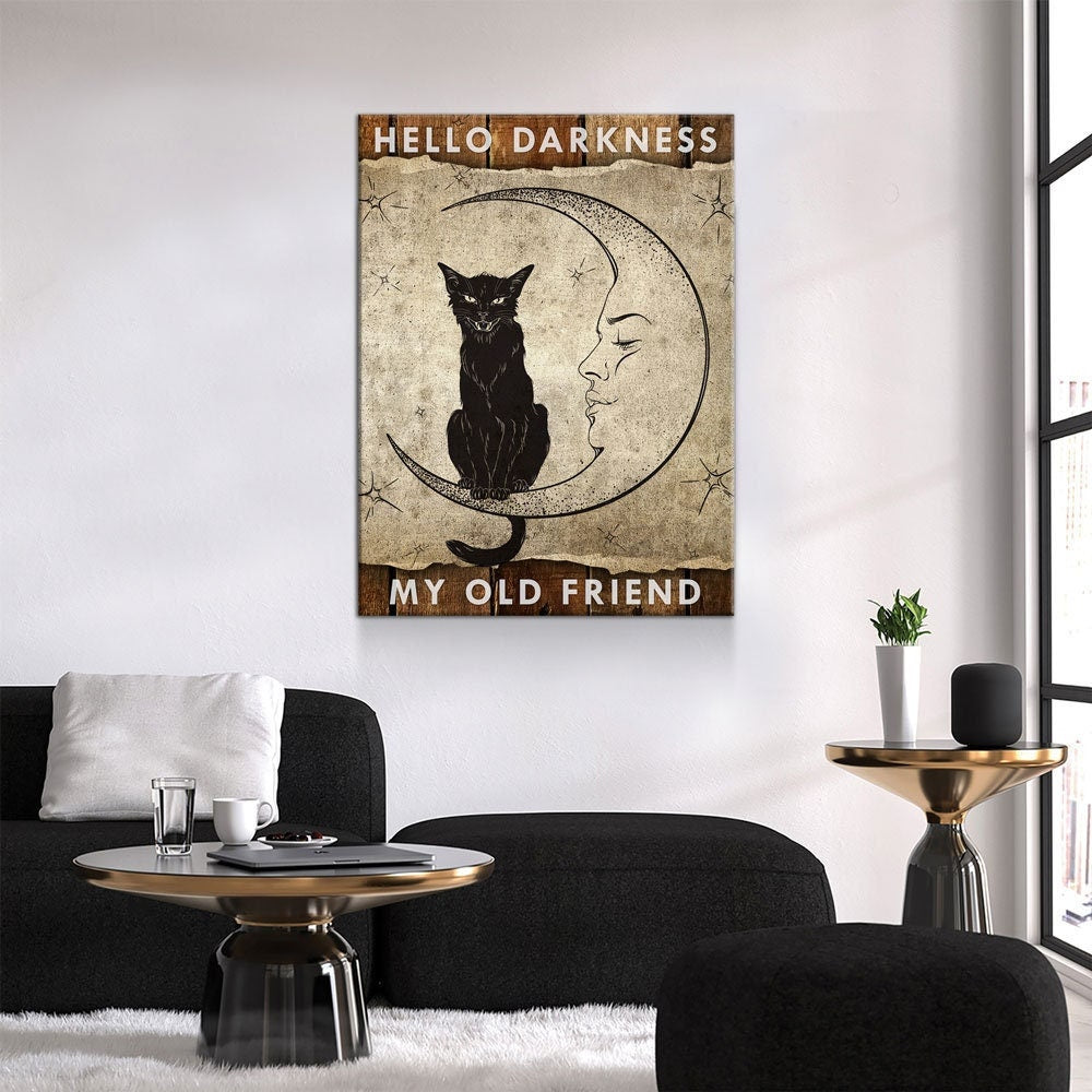 Hello Darkness My Old Friend Canvas Wall Art, Wiccan Decor, Wiccan Art, Black Cat, Wiccan Moon, Spiritual Decor | Wall Art | Wiccan Center