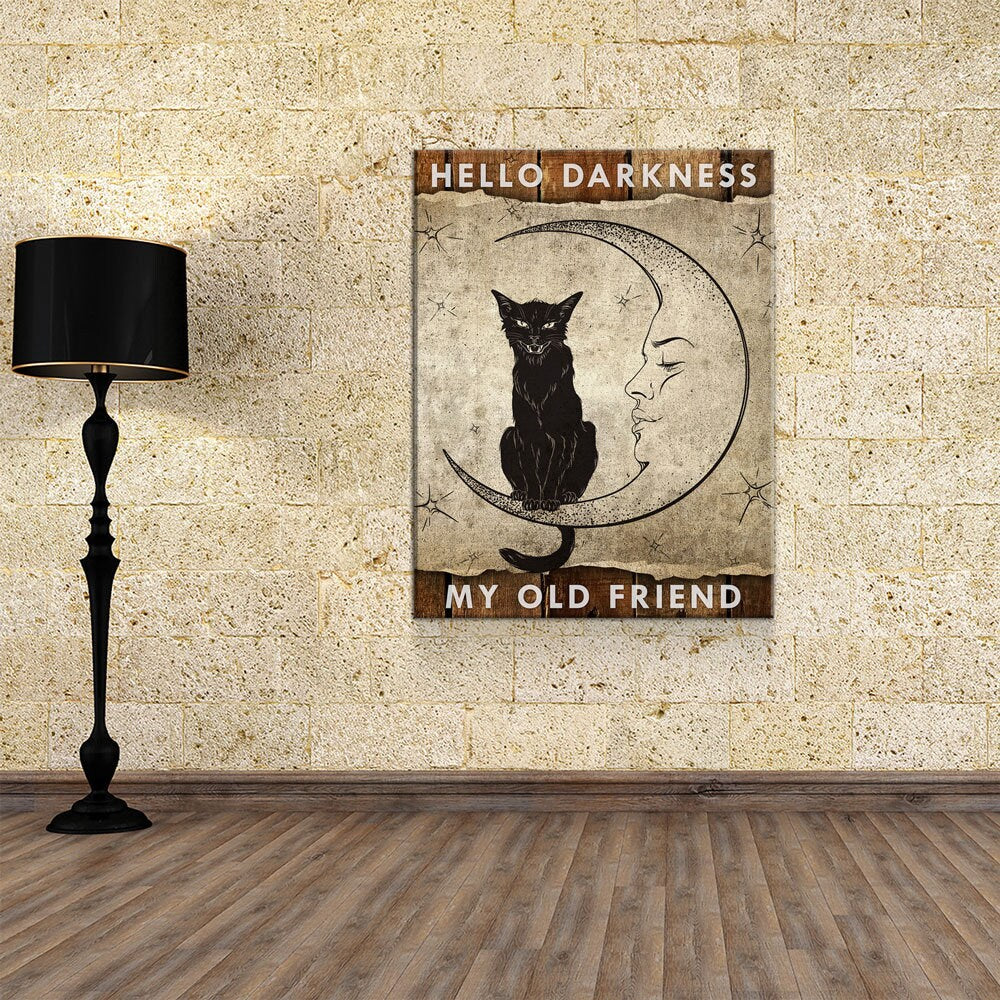 Hello Darkness My Old Friend Canvas Wall Art, Wiccan Decor, Wiccan Art, Black Cat, Wiccan Moon, Spiritual Decor | Wall Art | Wiccan Center