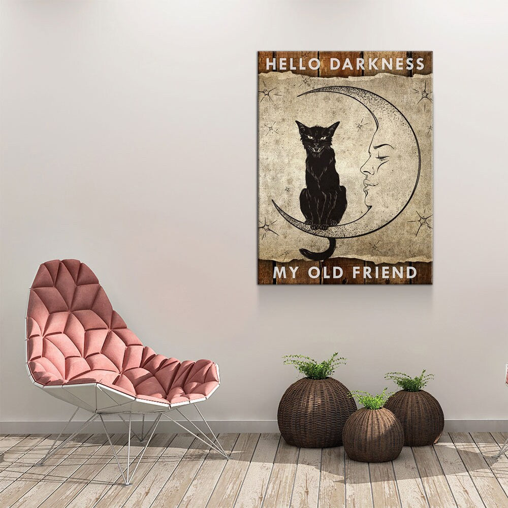 Hello Darkness My Old Friend Canvas Wall Art, Wiccan Decor, Wiccan Art, Black Cat, Wiccan Moon, Spiritual Decor | Wall Art | Wiccan Center