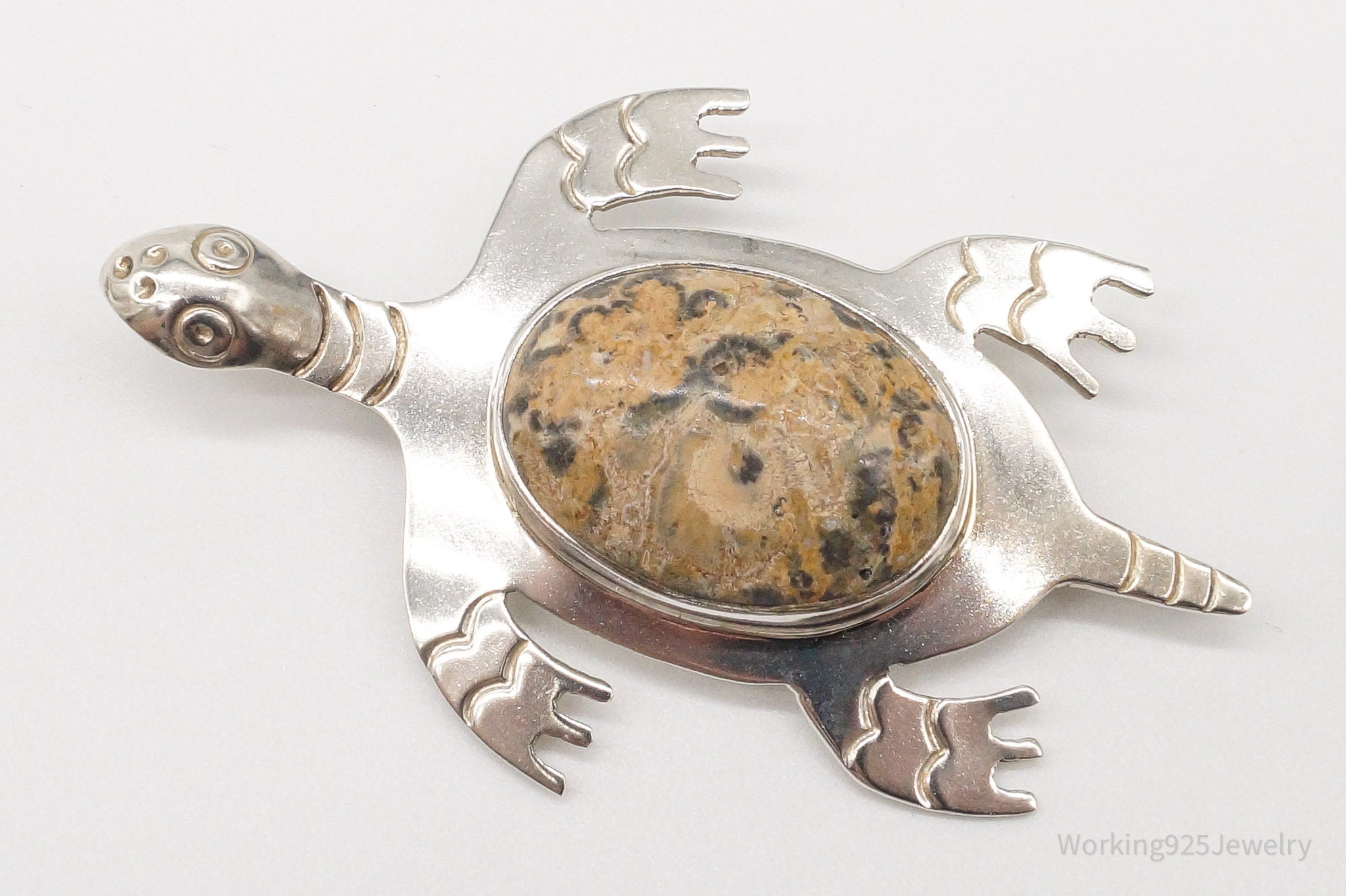 Large Vintage Mexico CII Jasper Sea Turtle Sterling Silver Brooch Pin | Jewelry > Brooches, Pins & Clips | Wiccan Center