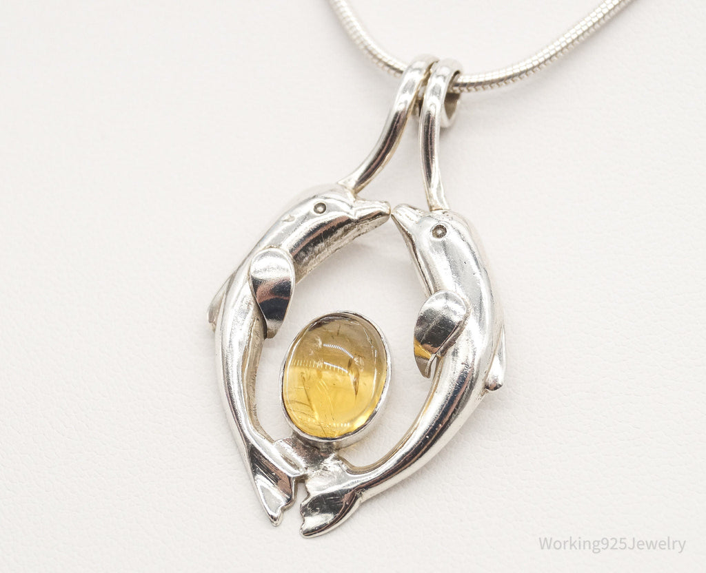 Vintage Large Kissing Dolphins Citrine Sterling Silver Necklace | Jewelry > Necklaces > Pendants | Wiccan Center