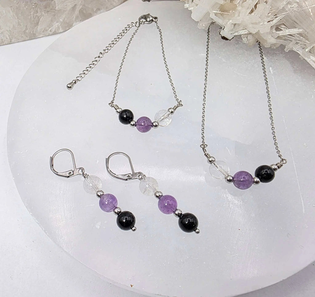 SACRED SPACE -Clear Quartz, Amethyst, Black Onyx Jewelry Set | Jewelry Set | Wiccan Center