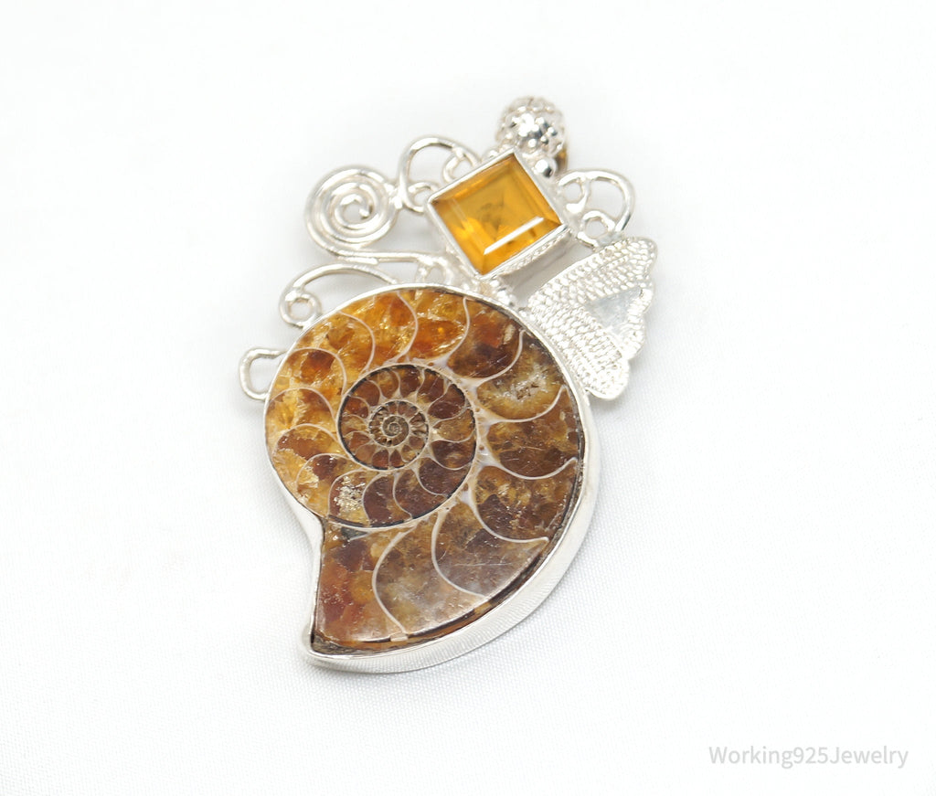 Vintage Large Ammonite Fossil Shell Citrine Sterling Silver Necklace Pendant | Jewelry > Necklaces > Pendants | Wiccan Center