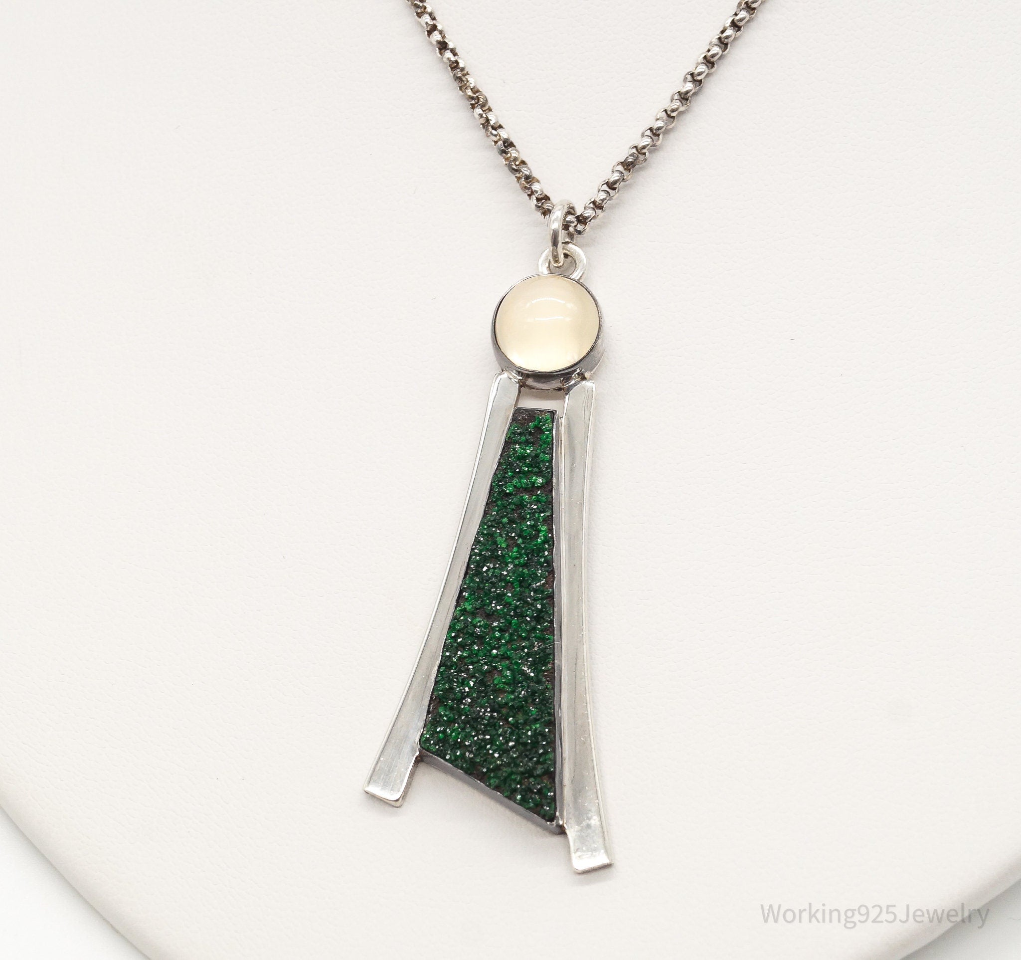Vintage Moonstone Green Druzy Quartz Modernist Sterling Silver Necklace | Jewelry > Necklaces > Pendants | Wiccan Center