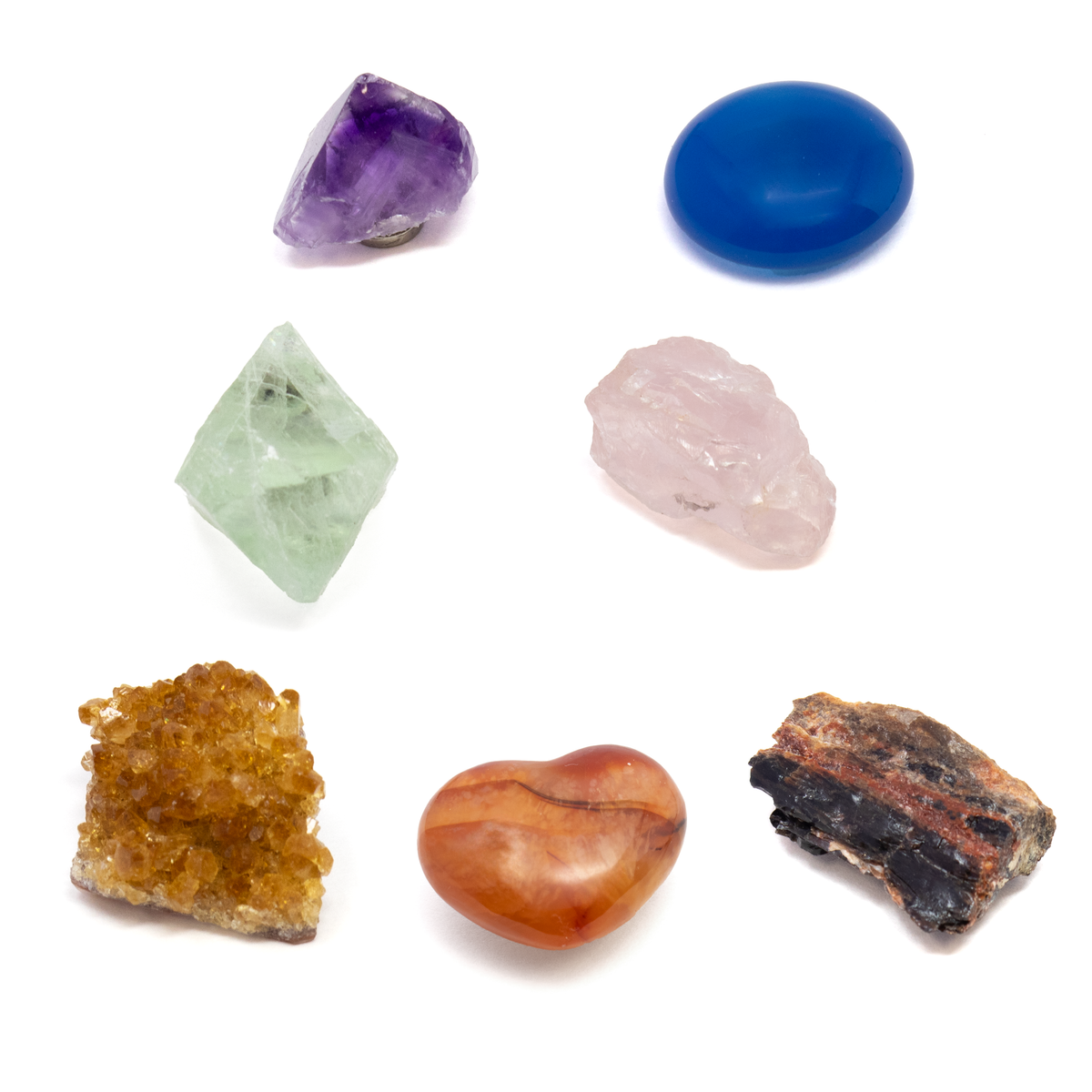 7 Chakra Magnet Set - Set 1 with Amethyst Crystal, Dyed Blue Chalcedony Cabochon, Raw Fluorite Cubic Crystal, Raw Rose Quartz from Brazil, Citrine Crystal Cluster, Carnelian Heart & AZ Petrified Wood | | Wiccan Center