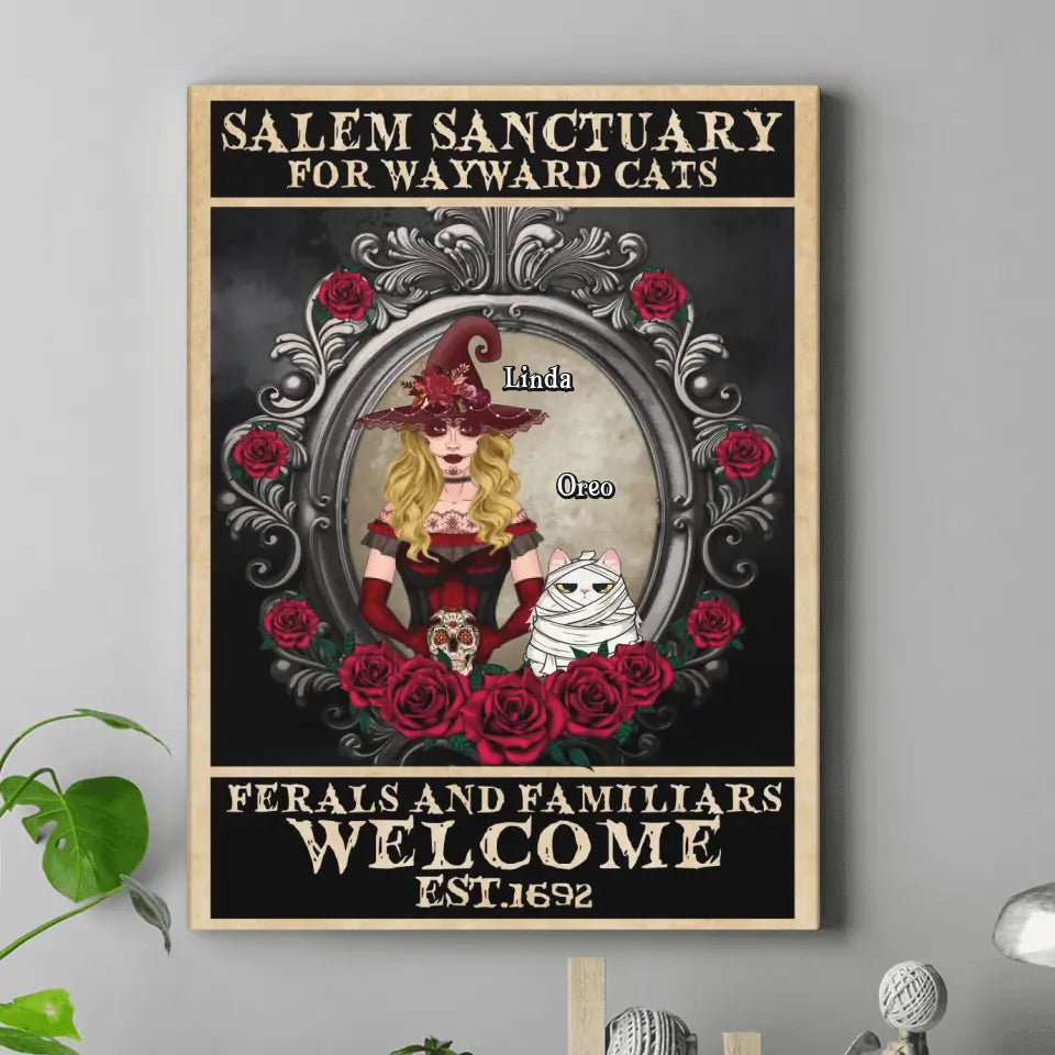Personalized Halloween Cat Witch Canvas - Up to 4 Cats - Halloween Gift For Cat Lovers/Wiccan Decor/Pagan Decor/Wall Art Wicked Witch - Salem Sanctuary For Wayward Cats | Halloween Cat Mom Canvas | Wiccan Center