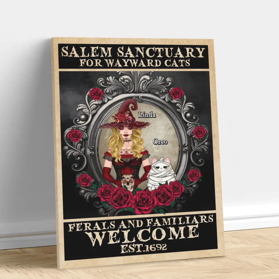 Personalized Halloween Cat Witch Canvas - Up to 4 Cats - Halloween Gift For Cat Lovers/Wiccan Decor/Pagan Decor/Wall Art Wicked Witch - Salem Sanctuary For Wayward Cats | Halloween Cat Mom Canvas | Wiccan Center