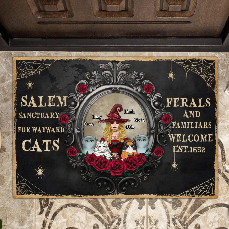 Personalized Halloween Cat Witch Doormat - Up to 4 Cats - Halloween Gift For Cat Lovers/Wiccan Decor/Pagan Decor - Salem Sanctuary For Wayward Cats | Halloween Cat Mom Doormat | Wiccan Center