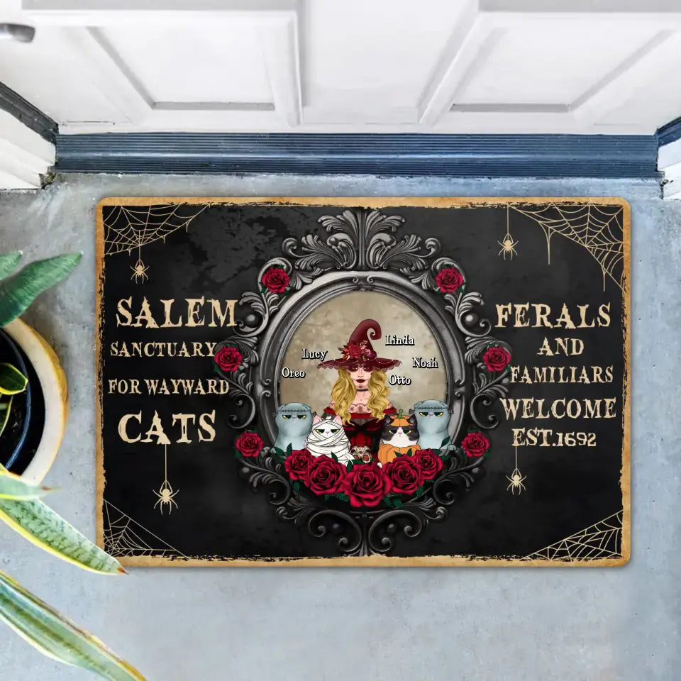 Personalized Halloween Cat Witch Doormat - Up to 4 Cats - Halloween Gift For Cat Lovers/Wiccan Decor/Pagan Decor - Salem Sanctuary For Wayward Cats | Halloween Cat Mom Doormat | Wiccan Center