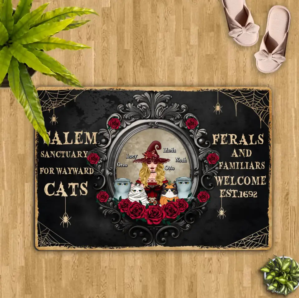 Personalized Halloween Cat Witch Doormat - Up to 4 Cats - Halloween Gift For Cat Lovers/Wiccan Decor/Pagan Decor - Salem Sanctuary For Wayward Cats | Halloween Cat Mom Doormat | Wiccan Center