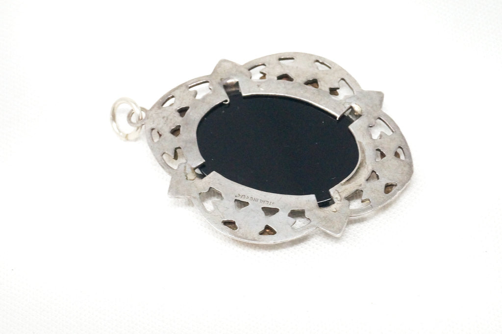 Antique Designer Uncas MFG Co Black Onyx Floral Sterling Silver Necklace Pendant | Jewelry > Necklaces > Pendants | Wiccan Center