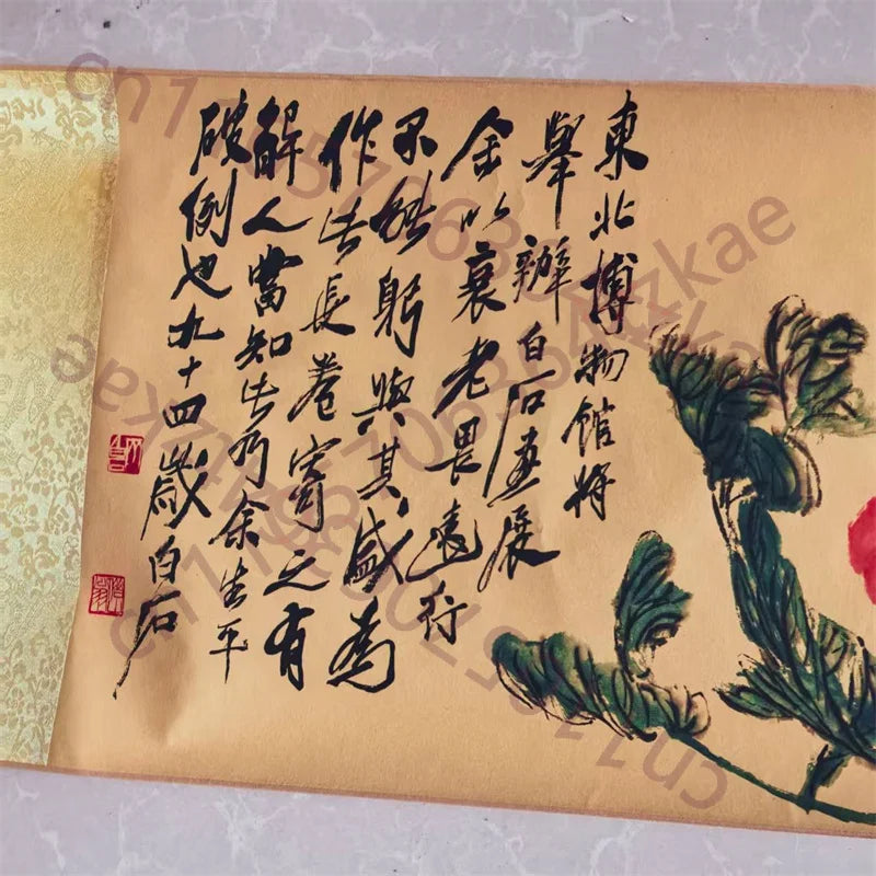 China Old long Scroll Painting,Qi Baishi's watercolor painting "Colorful Painting of the Competition of Flowers"