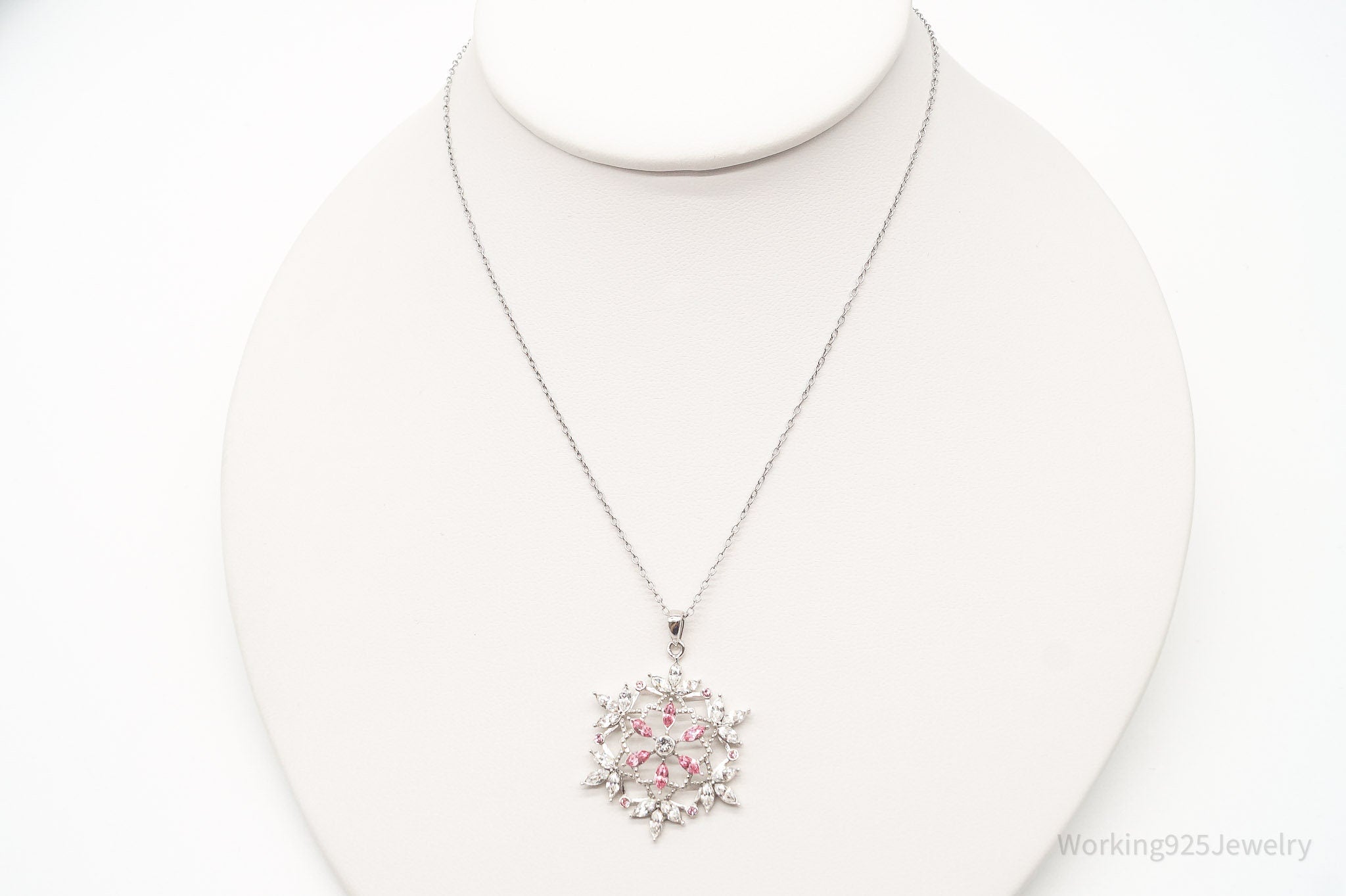 Vintage Designer RL Pink & White Crystal Snowflake Sterling Silver Necklace | Jewelry > Necklaces > Pendants | Wiccan Center