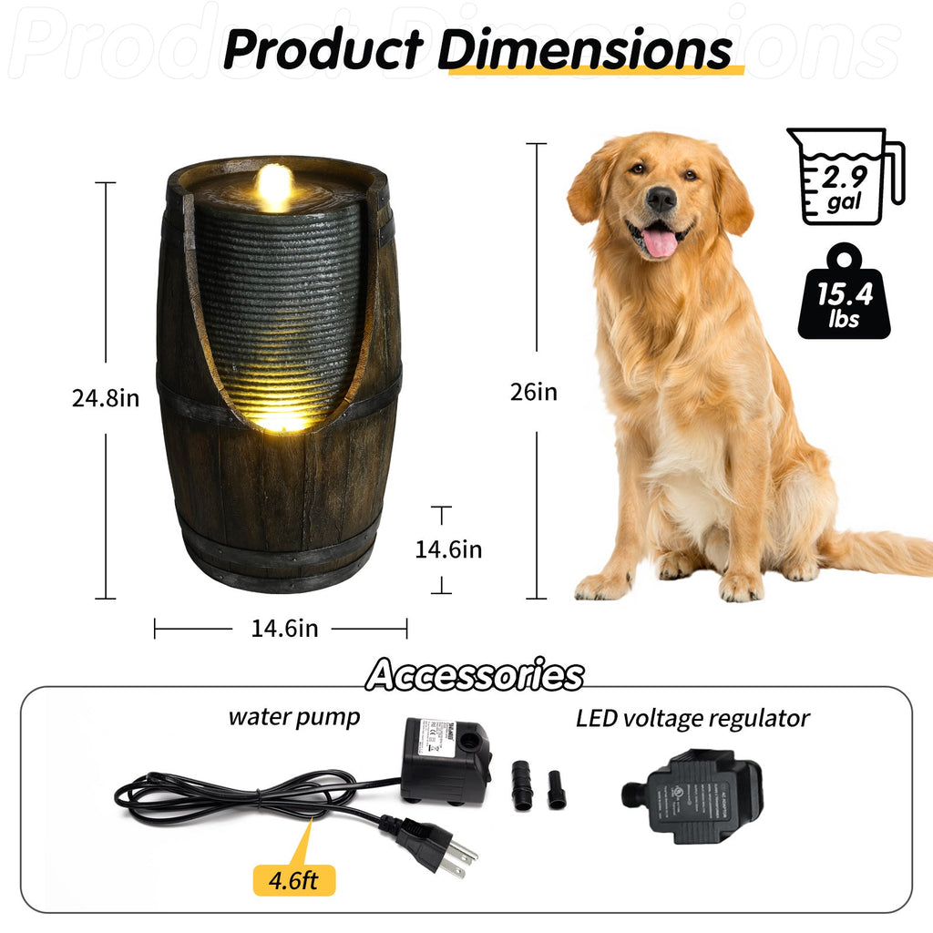 Resin Rustic Barrel Outdoor Water Fountain 24 Inch LED | Outdoor Fountain | Wiccan Center