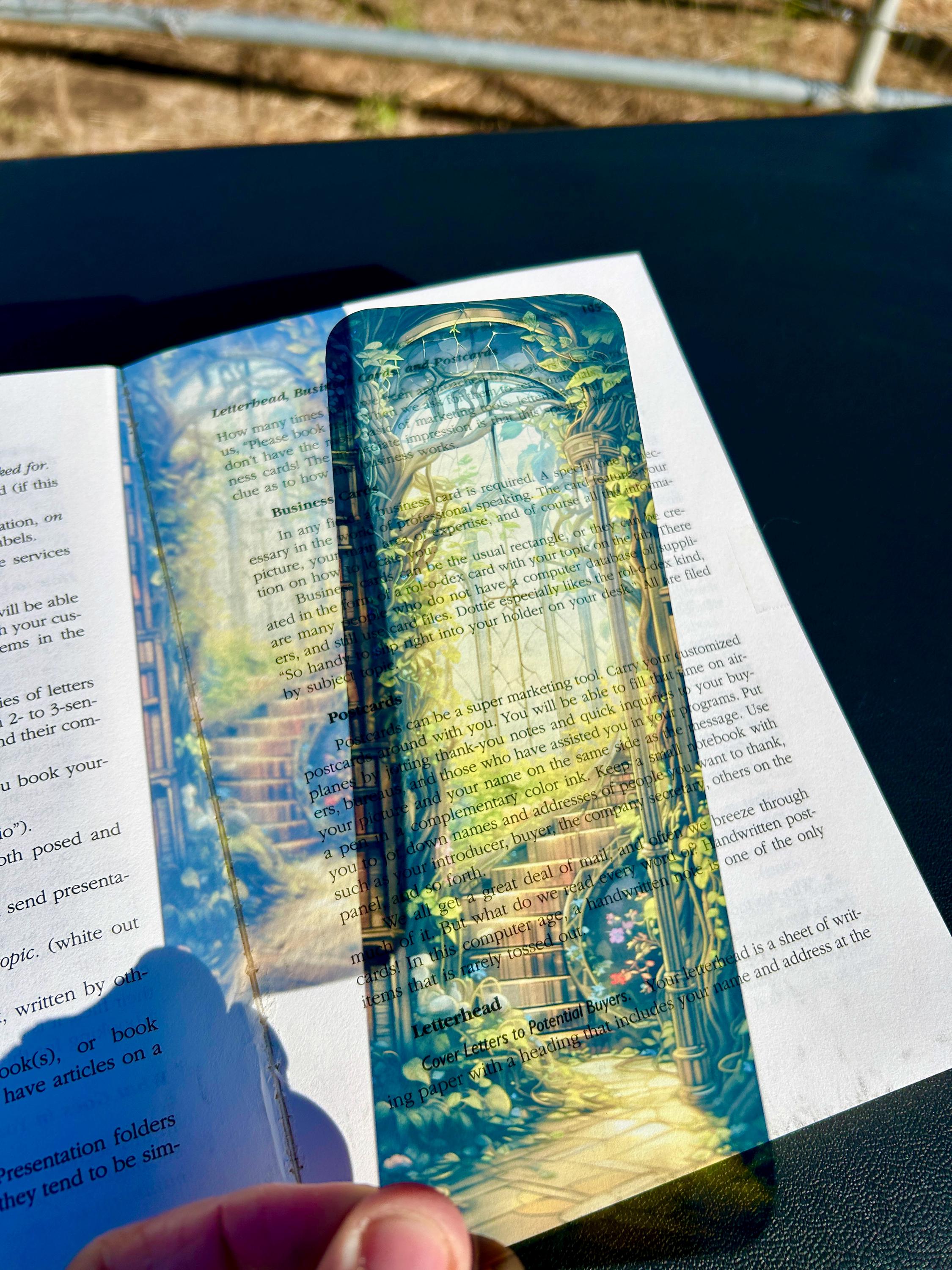 Library Staircase Bookmark – Golden Stained Glass, Ivy-Covered Steps, and Sunlit Gothic Window for Dreamy Readers | | Wiccan Center