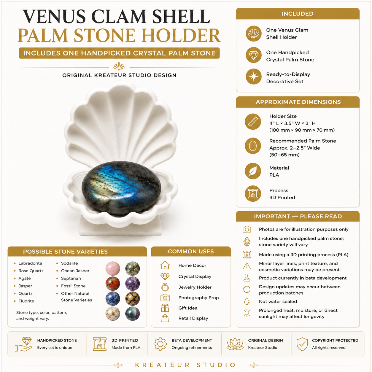 Original Venus Clam Shell Palm Stone Holder Set (2-Piece) – White 3D Printed Coastal Home Décor Display | Optional Palm Stones Included