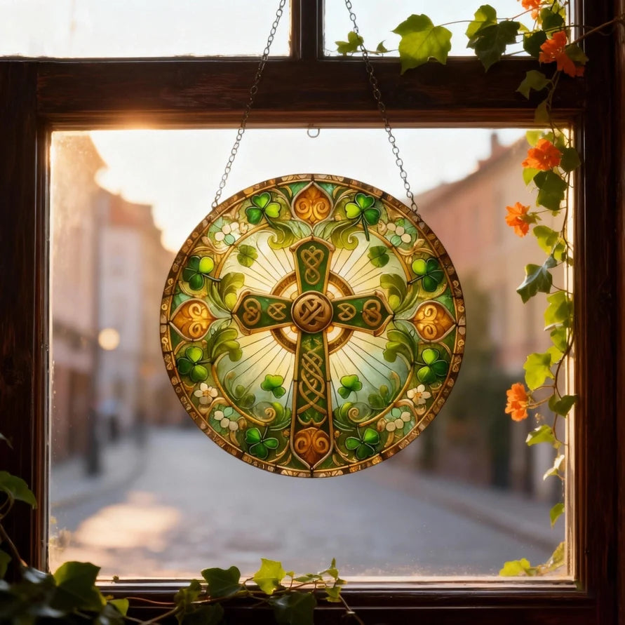 Ireland's Celtic Cross Stained Glass Suncatcher Gift