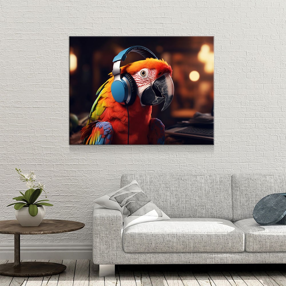 Party Parrot Canvas Wall Art, Parrot With Headphones, Parrot DJ, Parrot Decor, Funny Parrot Art | Wall Art | Wiccan Center