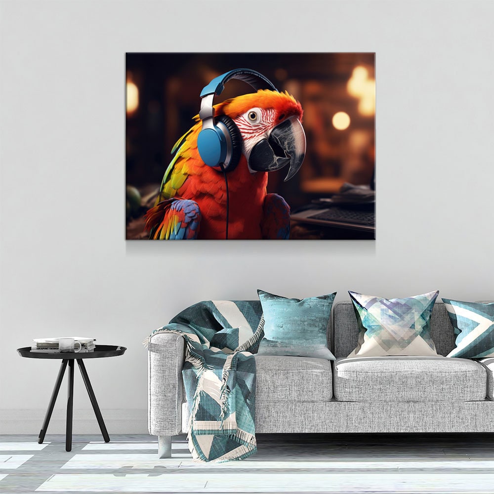 Party Parrot Canvas Wall Art, Parrot With Headphones, Parrot DJ, Parrot Decor, Funny Parrot Art | Wall Art | Wiccan Center