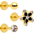16G 5/16 Clear Gem Gold Tone Black Flower Labret Set of 3 | LABRET Monroe TRAGUS | Wiccan Center