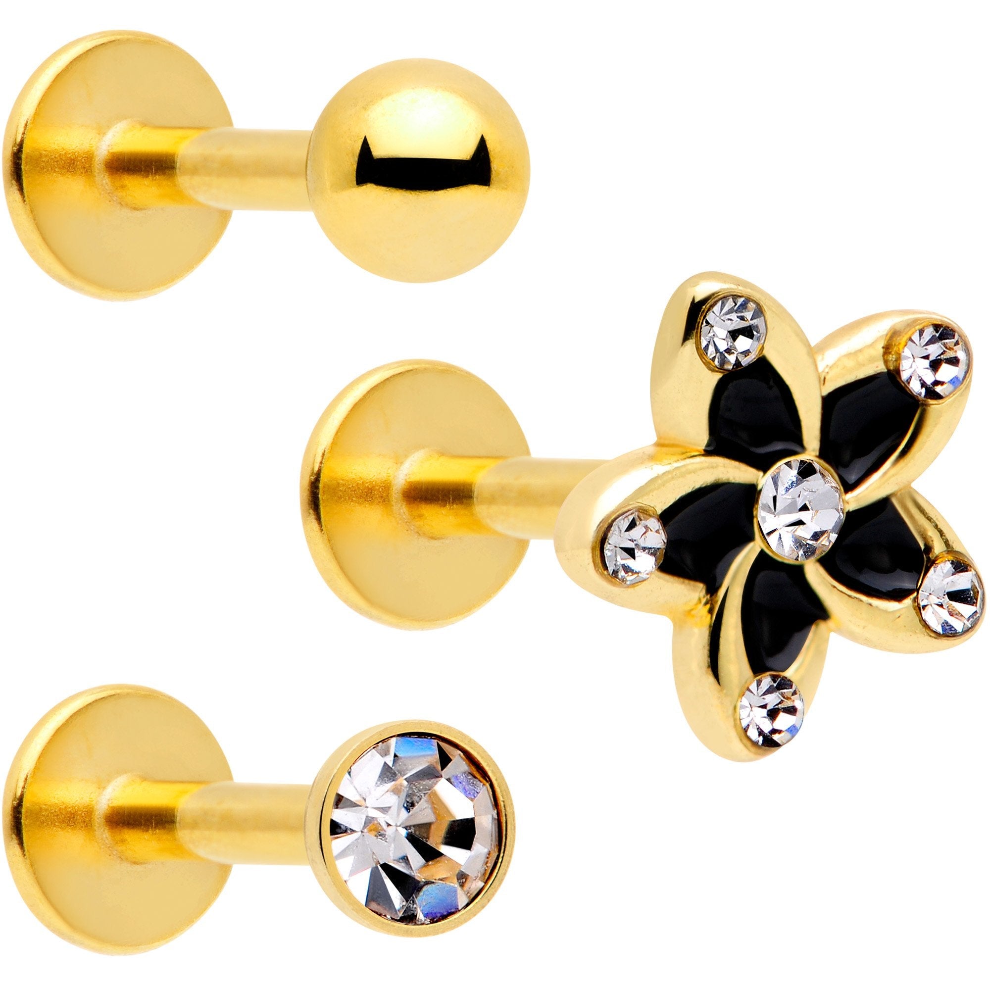 16G 5/16 Clear Gem Gold Tone Black Flower Labret Set of 3 | LABRET Monroe TRAGUS | Wiccan Center