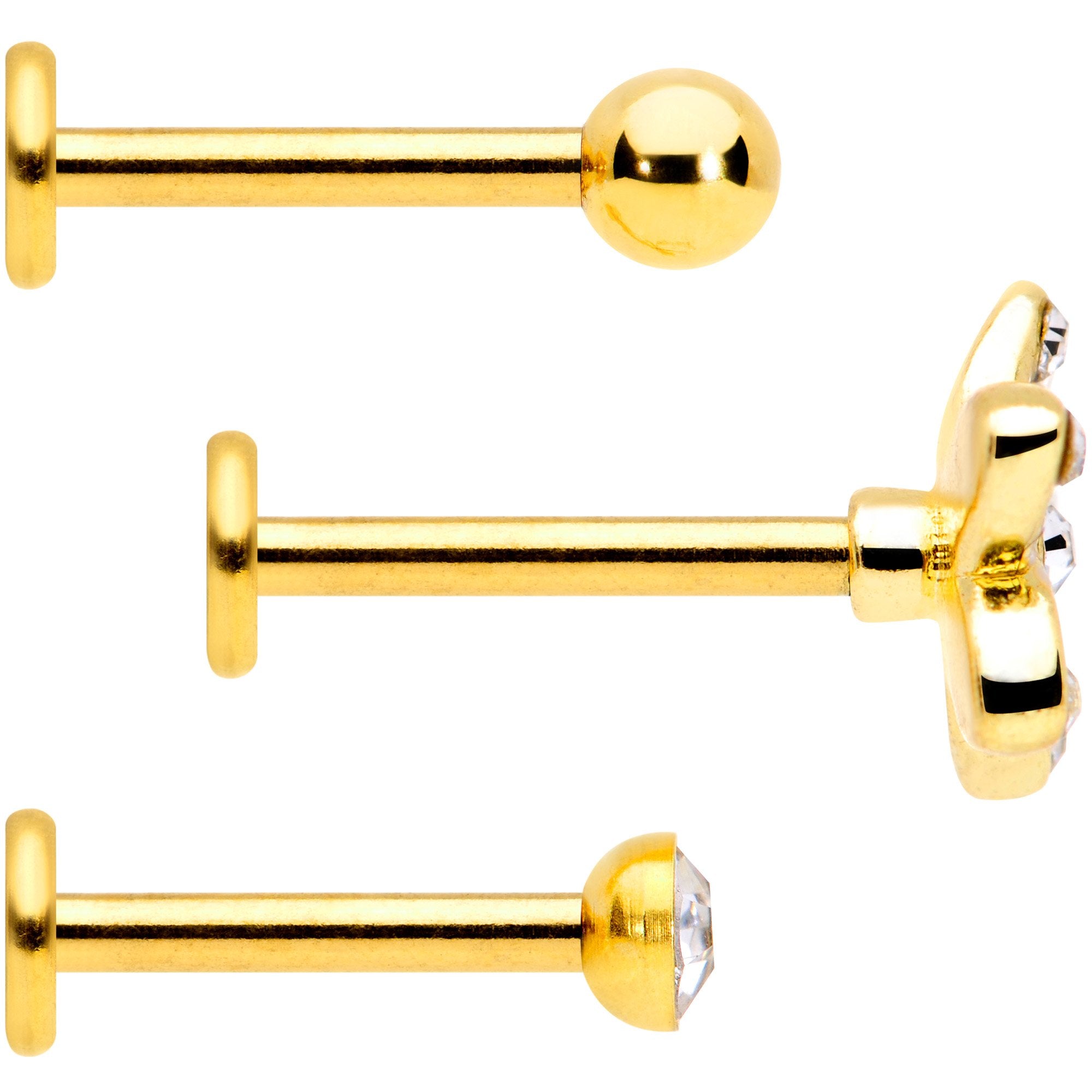 16G 5/16 Clear Gem Gold Tone Black Flower Labret Set of 3 | LABRET Monroe TRAGUS | Wiccan Center