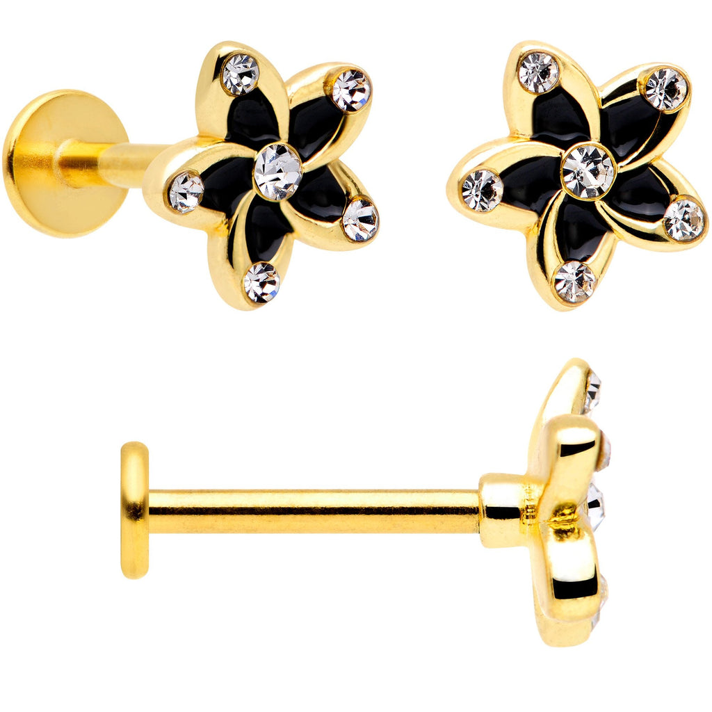 16G 5/16 Clear Gem Gold Tone Black Flower Labret Set of 3 | LABRET Monroe TRAGUS | Wiccan Center