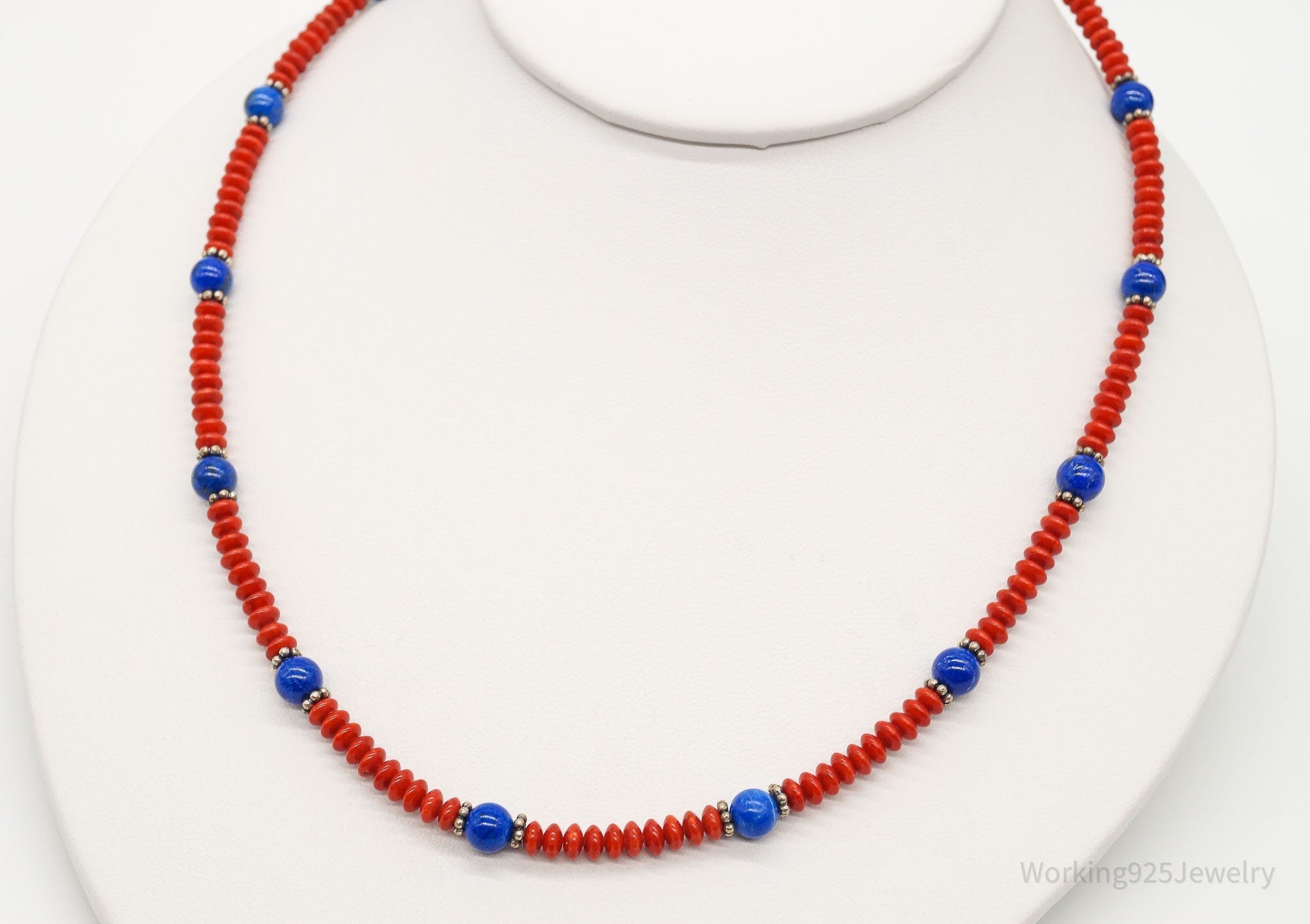 Vintage Handmade Native American Coral Lapis Lazuli Silver Beaded Necklace | Jewelry > Necklaces > Pendants | Wiccan Center