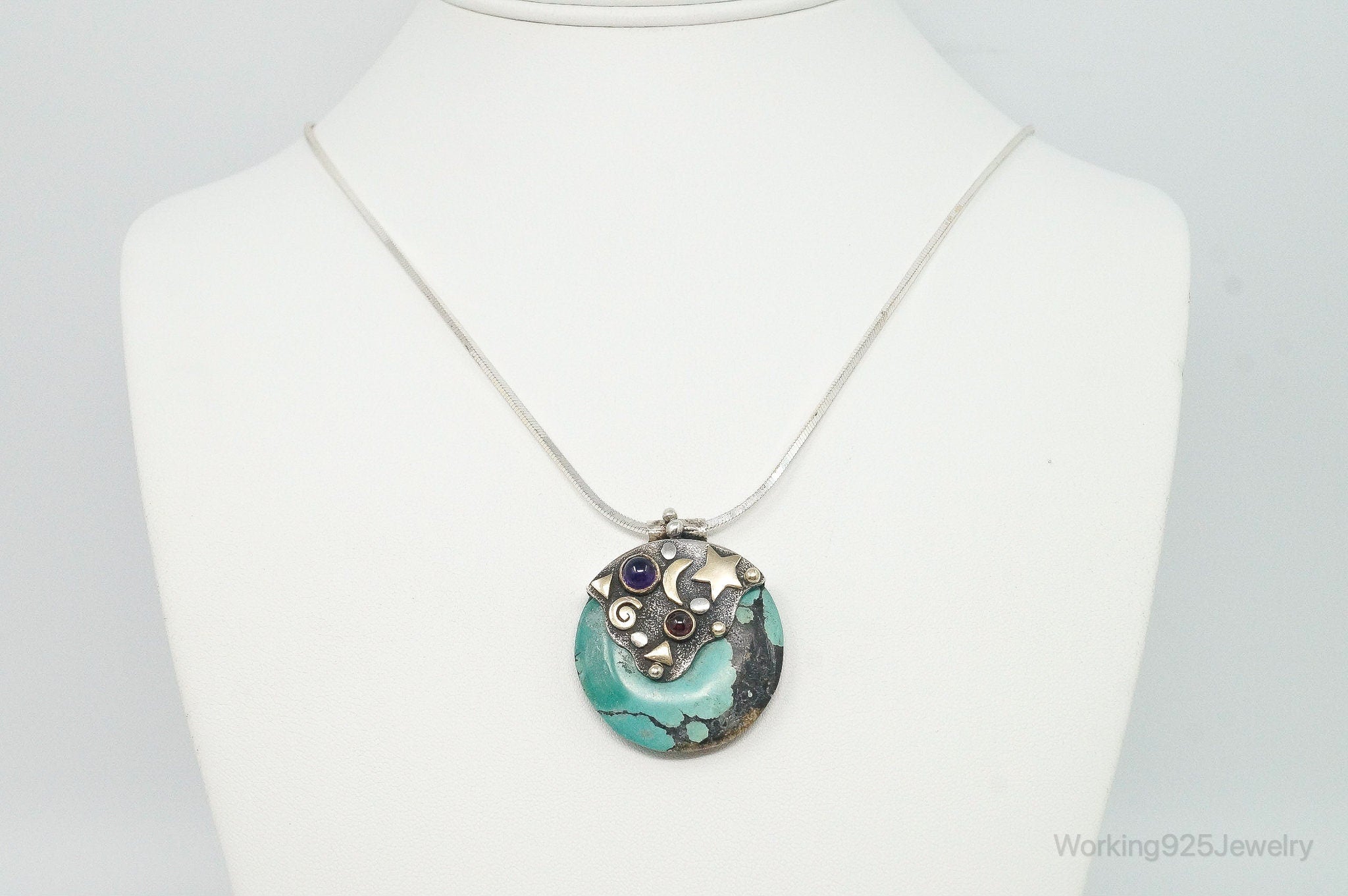 Vintage Brass Amethyst Rhodolite Garnet Turquoise Sterling Silver Necklace | Jewelry > Necklaces > Pendants | Wiccan Center