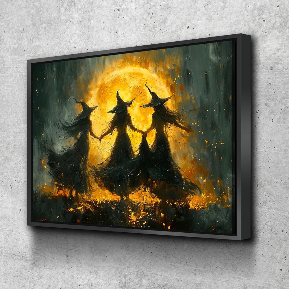 Witches Dancing Around The Fire Canvas Wall Art, Gothic Decor, Halloween Decor, Halloween Hanging, Witch Decor, Pagan Art Print, Hallows Eve | Wall Art | Wiccan Center