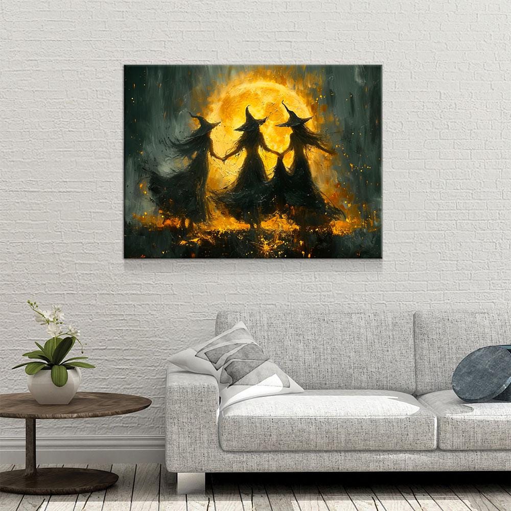 Witches Dancing Around The Fire Canvas Wall Art, Gothic Decor, Halloween Decor, Halloween Hanging, Witch Decor, Pagan Art Print, Hallows Eve | Wall Art | Wiccan Center