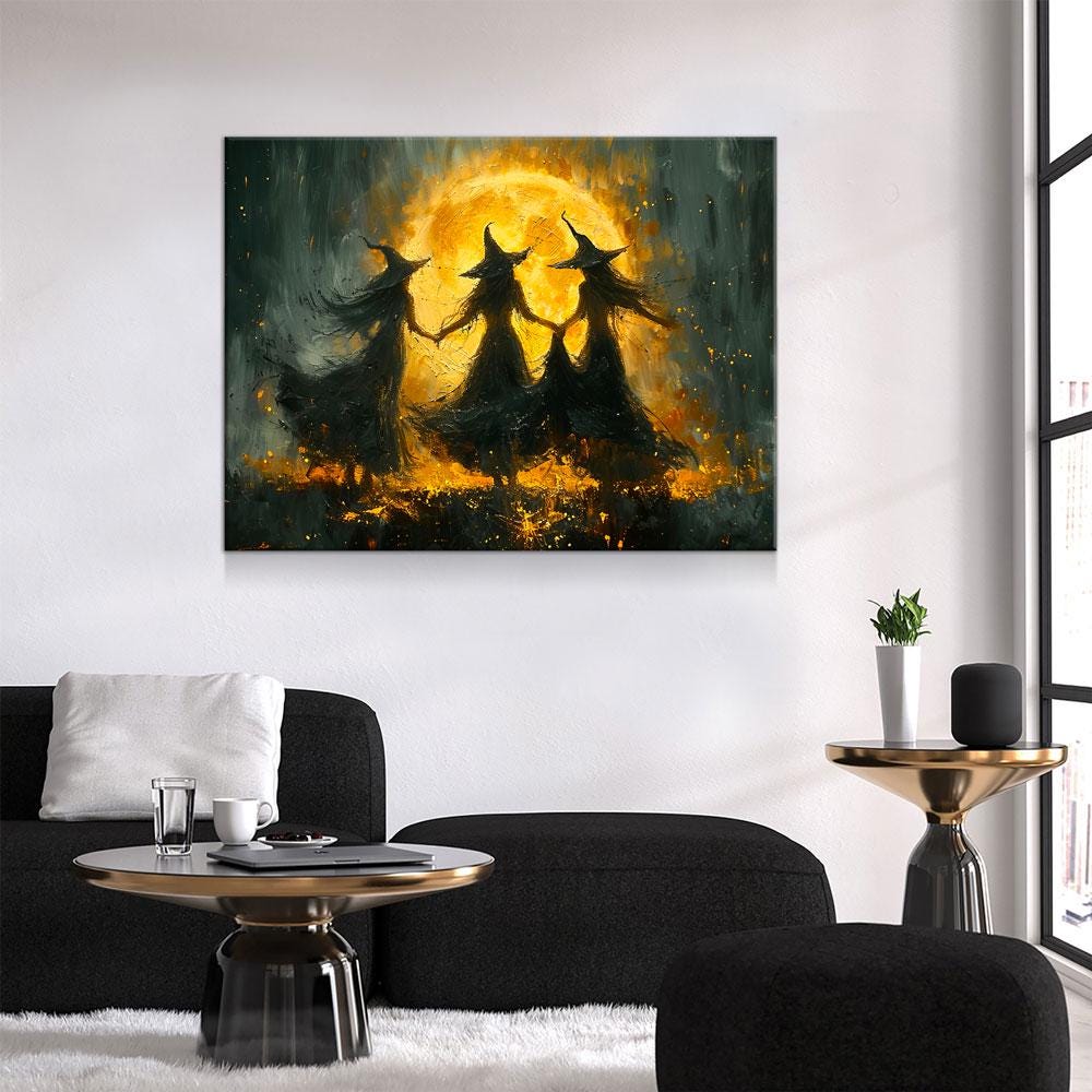 Witches Dancing Around The Fire Canvas Wall Art, Gothic Decor, Halloween Decor, Halloween Hanging, Witch Decor, Pagan Art Print, Hallows Eve | Wall Art | Wiccan Center