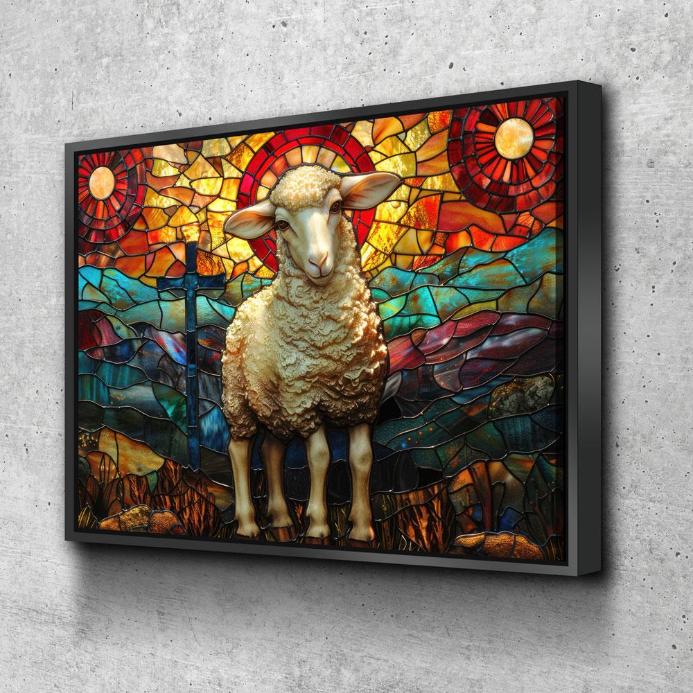 Lamb of God Canvas Wall Art, Stained Glass Lamb of God Print, Mountain Sheep and Cross, Faith Of God Print, Religious Decor, Church Decor | Wall Art | Wiccan Center