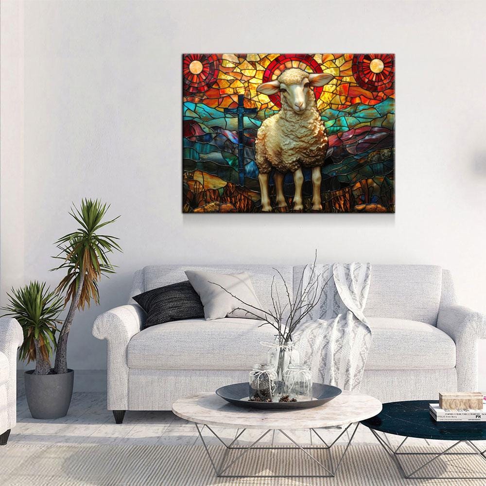 Lamb of God Canvas Wall Art, Stained Glass Lamb of God Print, Mountain Sheep and Cross, Faith Of God Print, Religious Decor, Church Decor | Wall Art | Wiccan Center