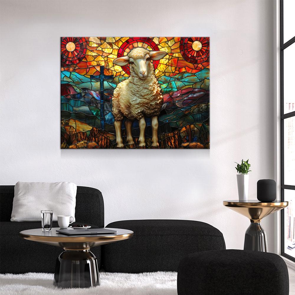 Lamb of God Canvas Wall Art, Stained Glass Lamb of God Print, Mountain Sheep and Cross, Faith Of God Print, Religious Decor, Church Decor | Wall Art | Wiccan Center