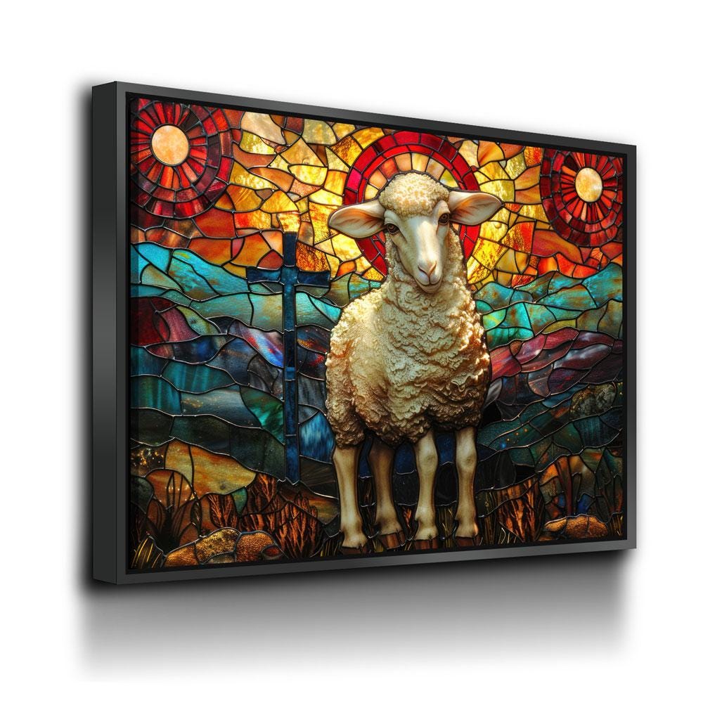 Lamb of God Canvas Wall Art, Stained Glass Lamb of God Print, Mountain Sheep and Cross, Faith Of God Print, Religious Decor, Church Decor | Wall Art | Wiccan Center