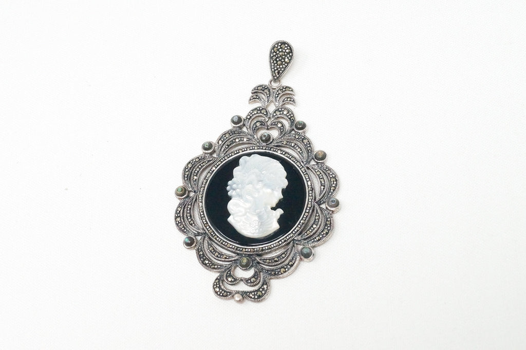 Vtg Carved Cameo Mother Of Pearl Marcasite Sterling Silver Necklace Pendant | Jewelry > Necklaces > Pendants | Wiccan Center