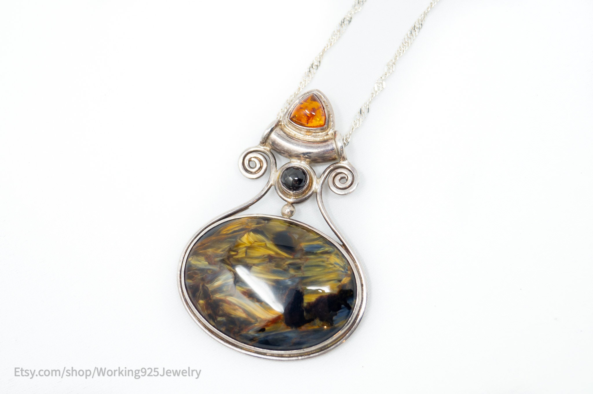 Vintage Designer SAJEN Large Blue Tigers Eye Amber Sterling Necklace | Jewelry > Necklaces > Pendants | Wiccan Center