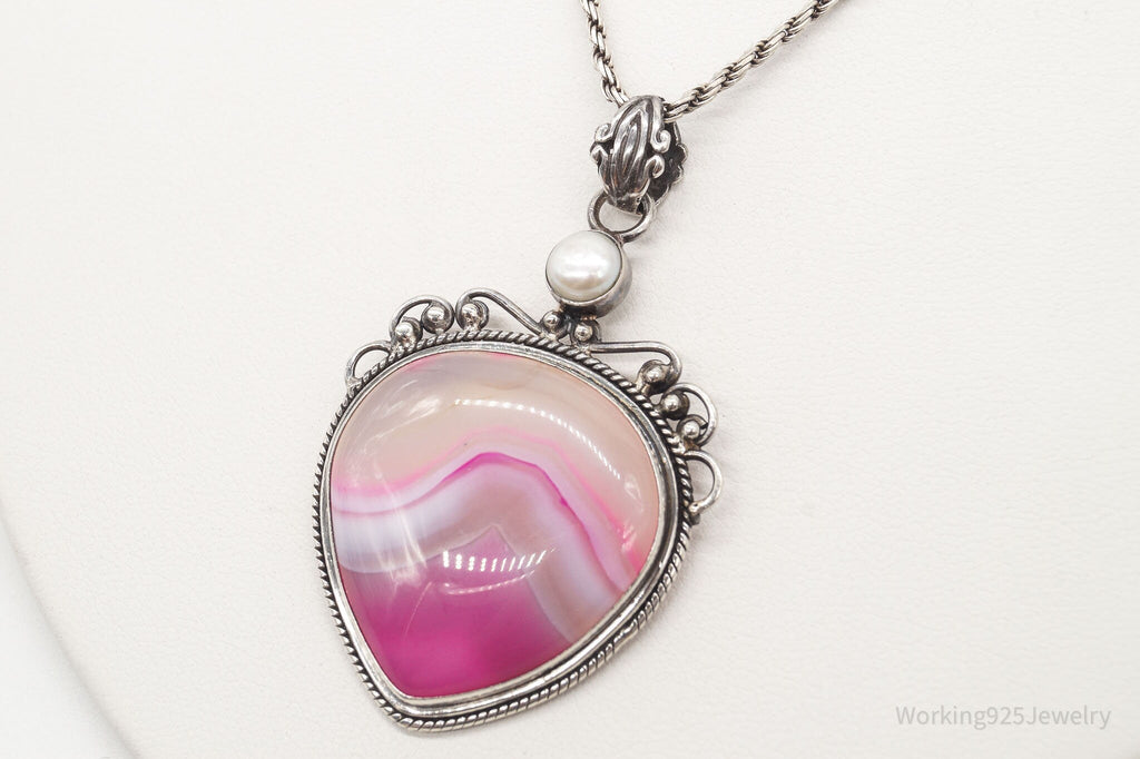 Vintage Large Pink Lace Agate & Pearl Sterling Silver Necklace | Jewelry > Necklaces > Pendants | Wiccan Center