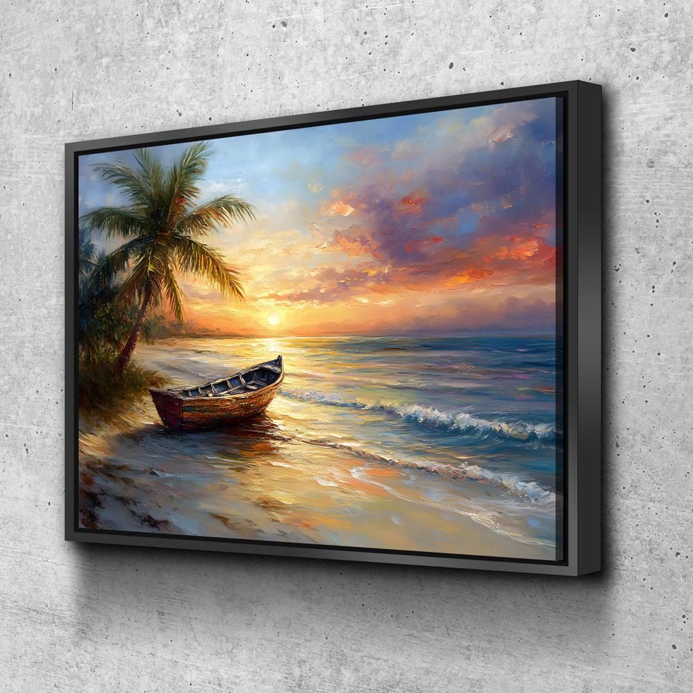 Tropical Beach Sunset Canvas Wall Art, Ocean Beach Boat, Tropical Decor, Beach House, Coastal Decor, Ocean Sunset, Tropical Island Beach | Wall Art | Wiccan Center