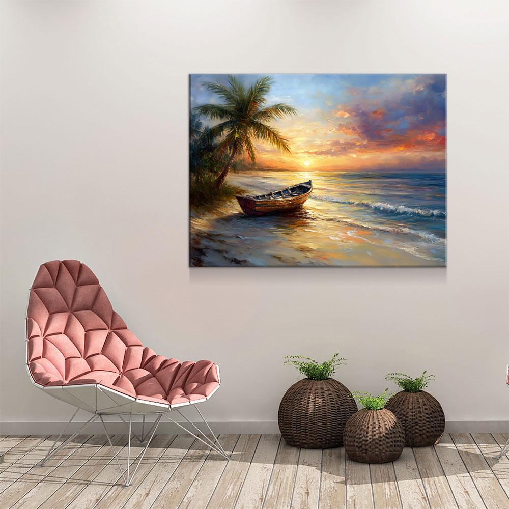 Tropical Beach Sunset Canvas Wall Art, Ocean Beach Boat, Tropical Decor, Beach House, Coastal Decor, Ocean Sunset, Tropical Island Beach | Wall Art | Wiccan Center