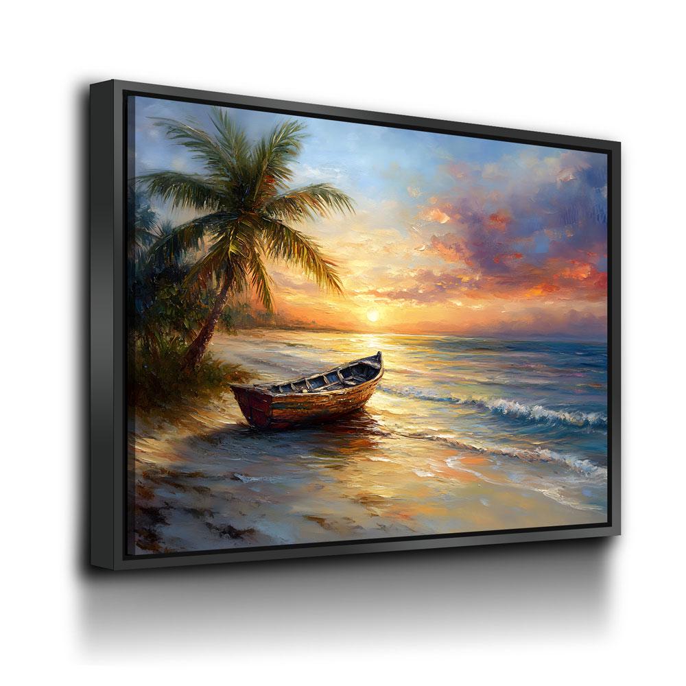 Tropical Beach Sunset Canvas Wall Art, Ocean Beach Boat, Tropical Decor, Beach House, Coastal Decor, Ocean Sunset, Tropical Island Beach | Wall Art | Wiccan Center