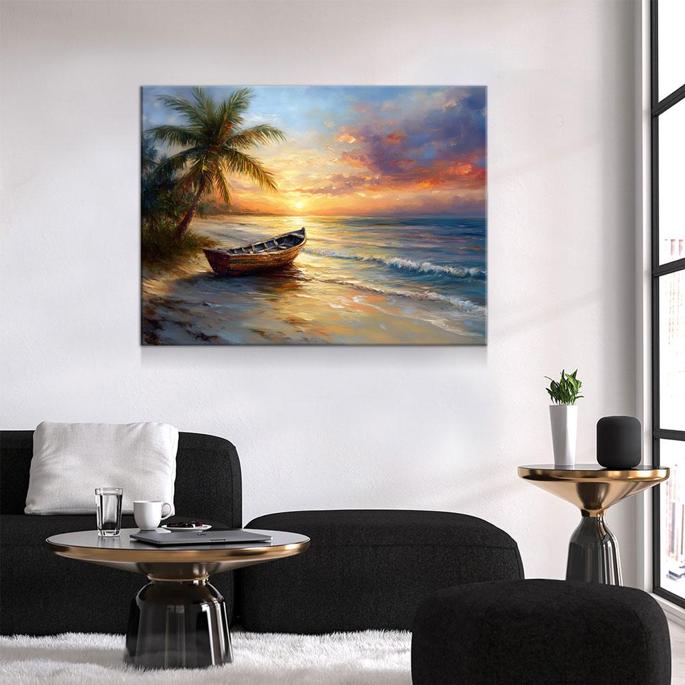 Tropical Beach Sunset Canvas Wall Art, Ocean Beach Boat, Tropical Decor, Beach House, Coastal Decor, Ocean Sunset, Tropical Island Beach | Wall Art | Wiccan Center
